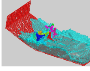 Detail of the motion of ten tetrapods on a slope under an incident   wave. The figure shows the complex interactions between the water particles   and the tetrapods.