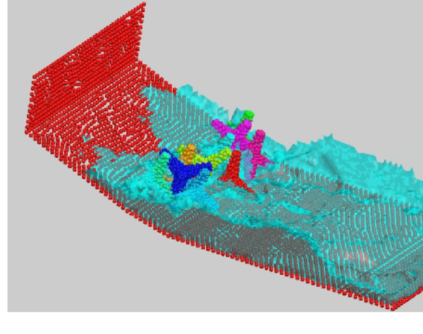 Detail of the motion of ten tetrapods on a slope under an incident   wave. The figure shows the complex interactions between the water particles   and the tetrapods.