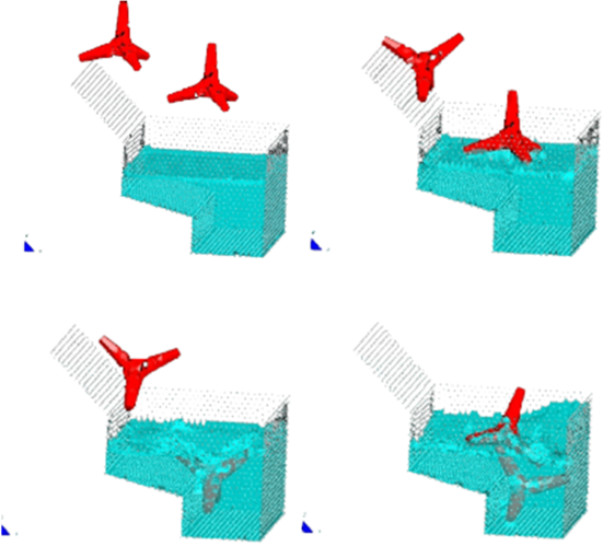 Motion of two tetrapods falling in a water container.