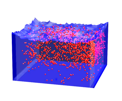 PFEM analysis of the penetration of a collection of spherical (macroscopic) particles into a water container