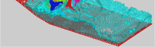 Detail of the motion of ten tetrapods on a slope under an incident   wave. The figure shows the complex interactions between the water particles   and the tetrapods.