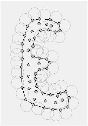 Examples of boundary recognition with the Alpha Shape method.  Empty circles with radius greater than αh(x)  define the boundary particles.