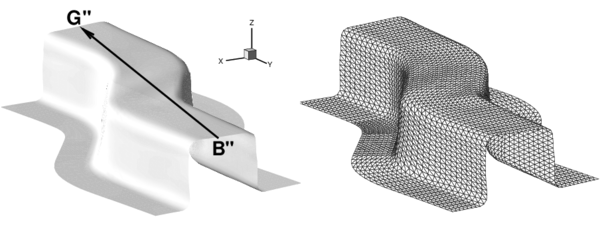 Stamping of a S-rail. Final deformation of the sheet after springback obtained in the simulation. The triangular mesh of the deformed sheet is also shown