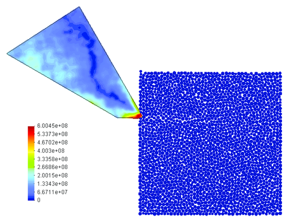 Rock cutting process analysed using the FEM/DEM model. The Mises stresses in the tool in the initial phase of cutting
